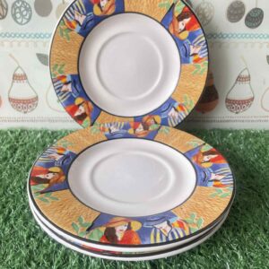 จานรองแก้วหรือจานขนมที่มีลวดลายผู้หญิงใส่หมวกสไตล์อาร์ตเดโค