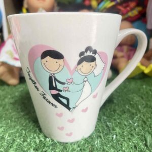 แก้วน้ำเซรามิกสีขาวสำหรับคู่รักพิมพ์ลายคู่บ่าวสาวและข้อความ “Together Forever”